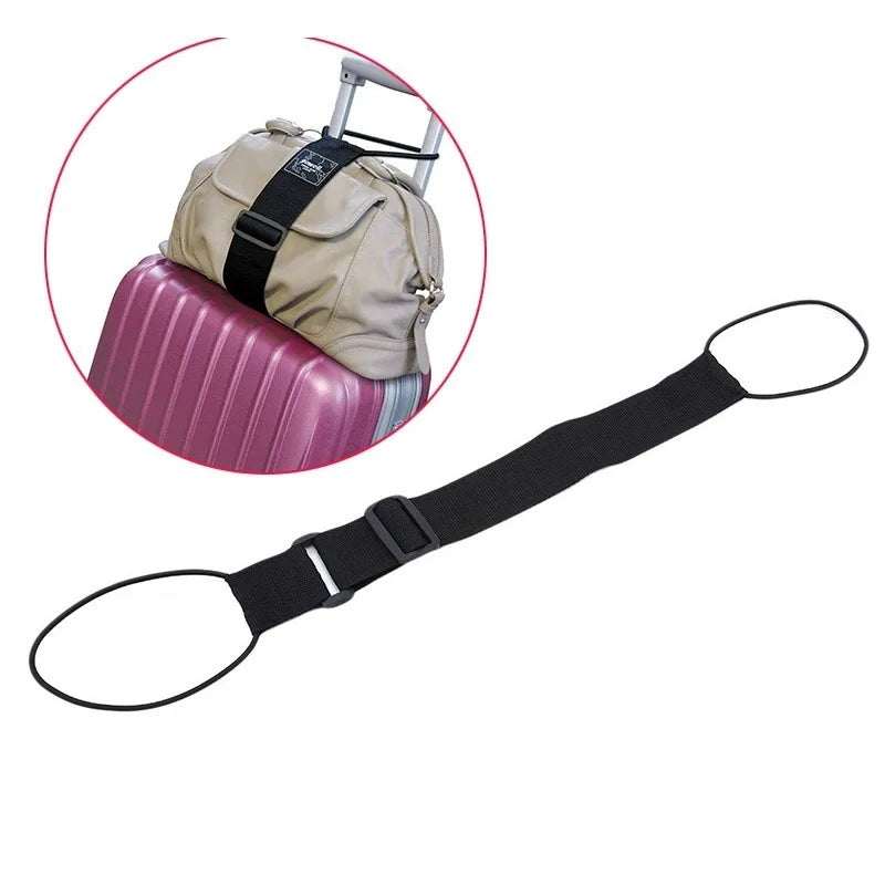 Adjustable baggage bungee luggage belt securing a carry-on to a suitcase handle for hands-free travel.