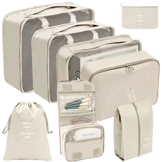 8-piece packing cube travel organizer set with clothes, shoe, and accessory pouches in water-resistant fabric.