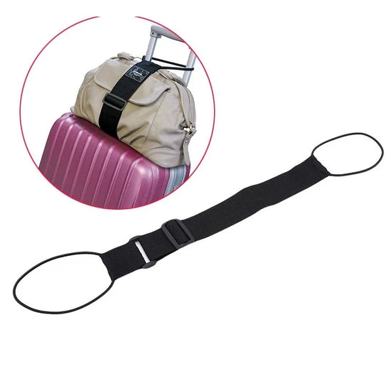 Adjustable baggage bungee luggage belt securing a carry-on to a suitcase handle for hands-free travel.