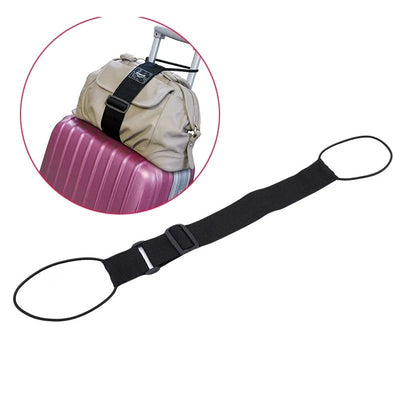 Adjustable baggage bungee luggage belt securing a carry-on to a suitcase handle for hands-free travel.