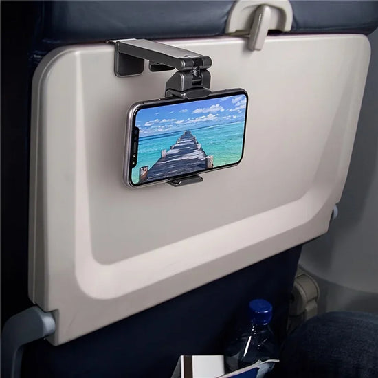 Foldable airplane phone holder adjustable travel stand for phones with 360 rotation and seat clip