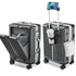 20-inch aluminum frame rolling suitcase with front opening, TSA lock, and hard shell for carry-on travel