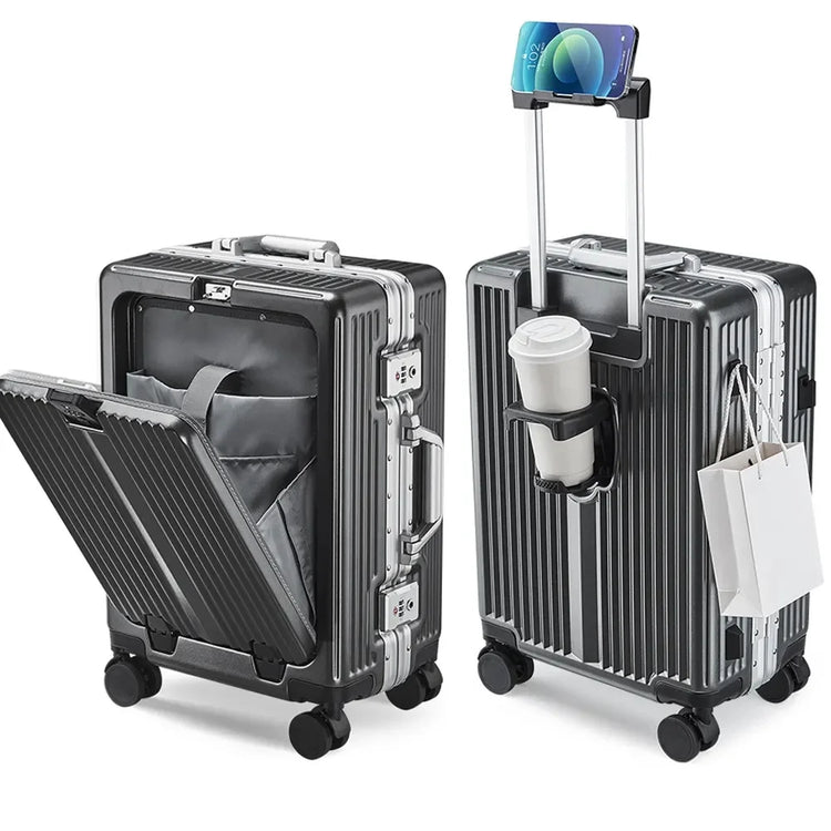 20-inch aluminum frame rolling suitcase with front opening, TSA lock, and hard shell for carry-on travel
