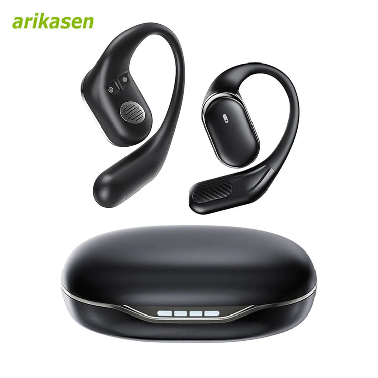 Bluetooth 5.4 open-ear wireless headphones with air conduction, dual mic, and 60-hour playtime for sport and daily use