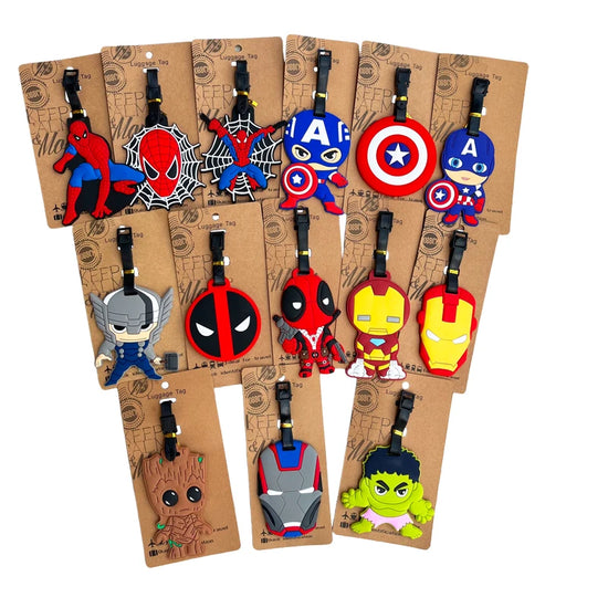 Disney superhero luggage tag in colorful design with secure ID slot attached to a suitcase handle.