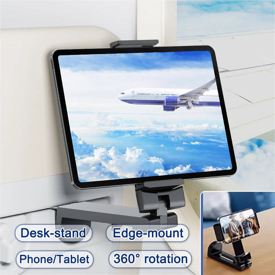 Foldable 360° Rotation Airplane Tablet and Phone Holder – travel stand for iPad and smartphones with universal grip