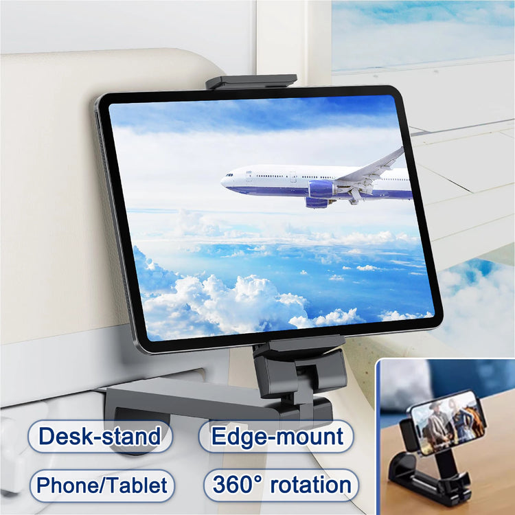 Foldable 360° Rotation Airplane Tablet and Phone Holder – travel stand for iPad and smartphones with universal grip