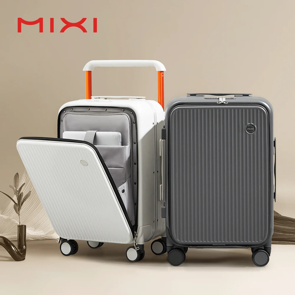 Mixi aluminum frame suitcase with front laptop pocket and wide handle 20-inch and 24-inch PC hard shell travel luggage