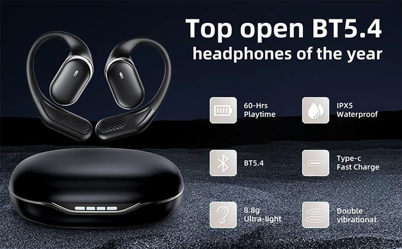 Bluetooth 5.4 Open-Ear Wireless Headphones 60H Playtime, Dual Mic, Sport Air Conduction Earbuds