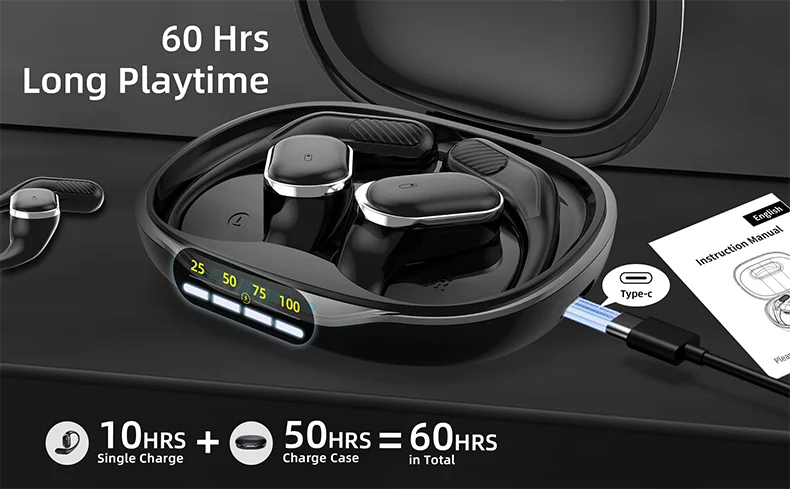 Bluetooth 5.4 Open-Ear Wireless Headphones 60H Playtime, Dual Mic, Sport Air Conduction Earbuds