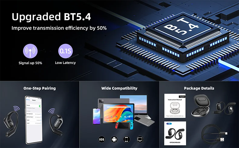 Bluetooth 5.4 Open-Ear Wireless Headphones 60H Playtime, Dual Mic, Sport Air Conduction Earbuds