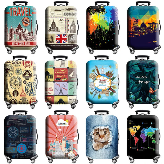 Colorful world map suitcase cover with zipper, thick elastic fit for 18–32 inch luggage.