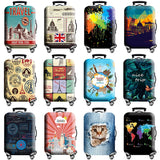 Colorful world map suitcase cover with zipper, thick elastic fit for 18–32 inch luggage.